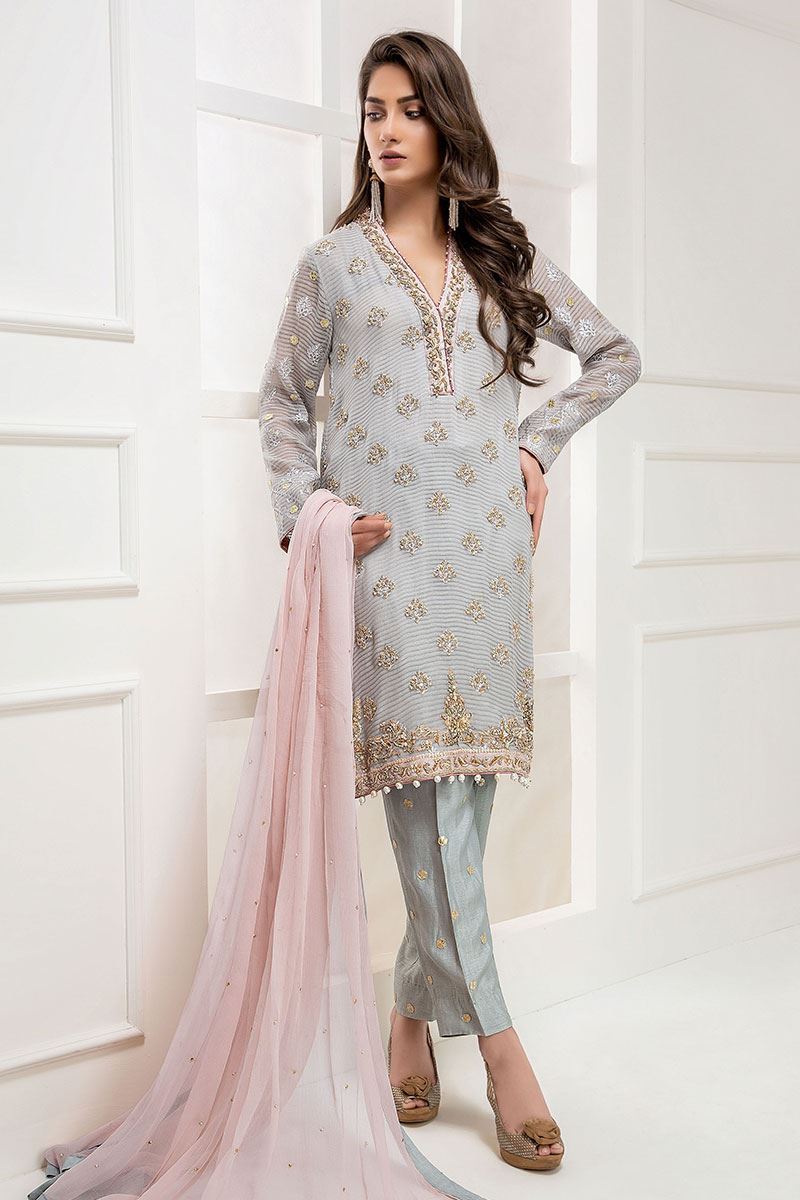 Pearl Blue Gota Embroidered Organza Karandi Salwar Kameez (3-Piece) - Image 1