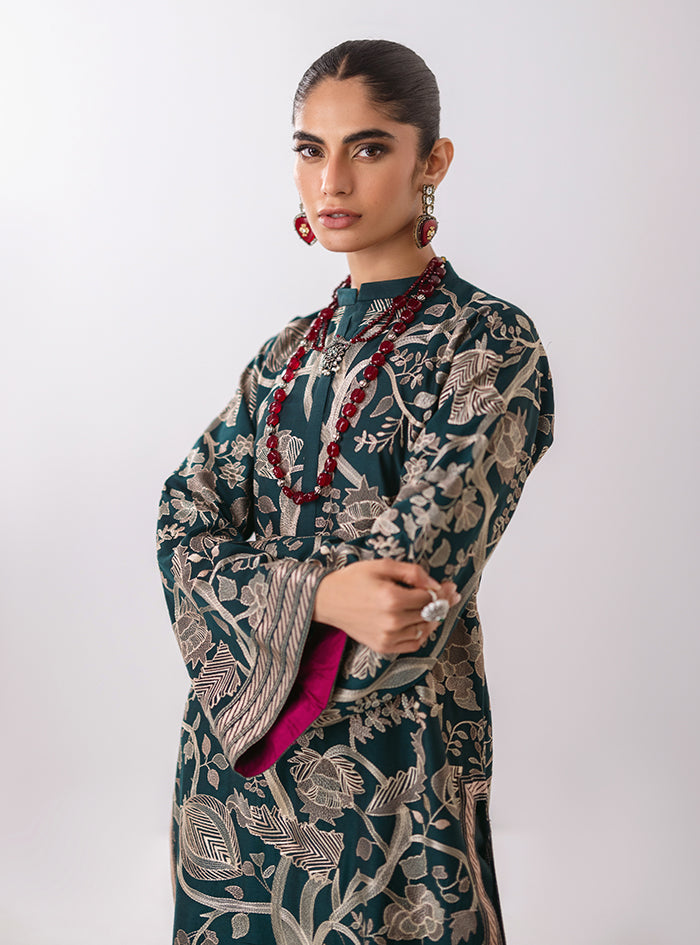 Aqua Kantha Embroidered Organza Salwar Kameez (3-Piece) - Image 4