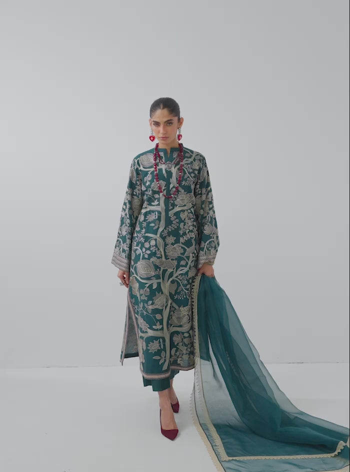 Aqua Kantha Embroidered Organza Salwar Kameez (3-Piece) - Image 8
