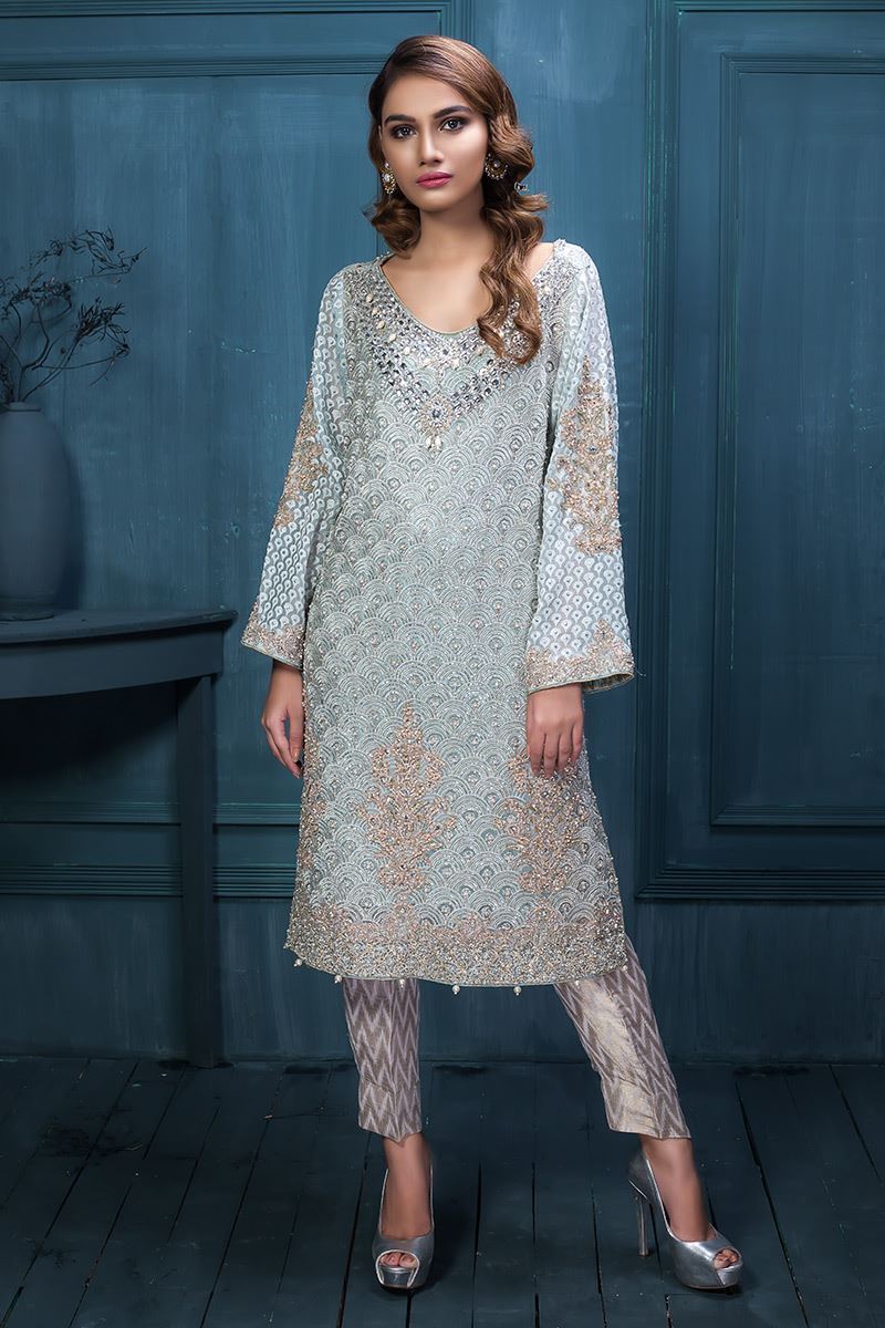 Pakistani Light Blue Embroidered Organza Salwar Kameez (3-Piece) - Image 1