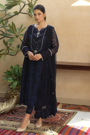 Midnight Blue Mirror Work Self-Organza Kurta (3-Piece) - Image 2