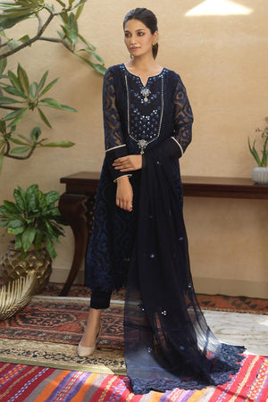 Midnight Blue Mirror Work Self-Organza Kurta (3-Piece) - Image 3