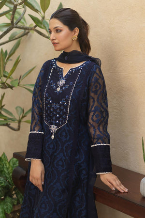 Midnight Blue Mirror Work Self-Organza Kurta (3-Piece) - Image 5