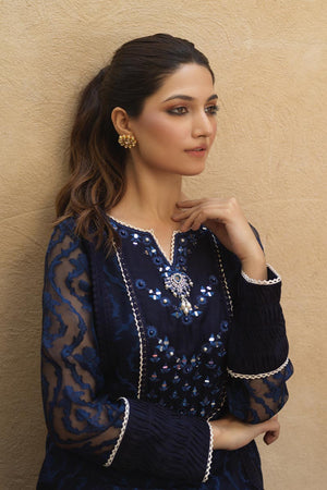 Midnight Blue Mirror Work Self-Organza Kurta (3-Piece) - Image 6