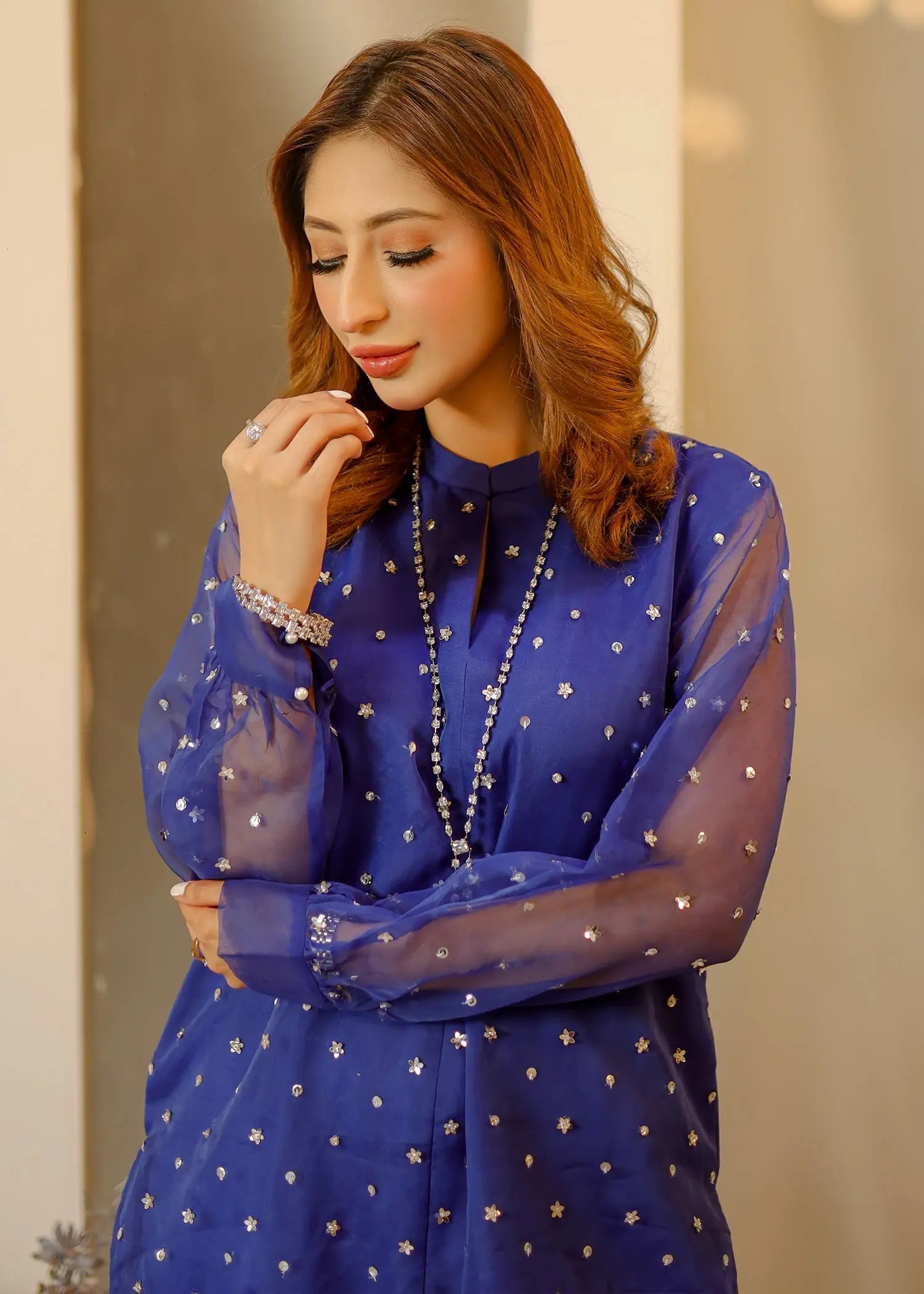Blue Embellished Organza & Raw Silk Kurta (2-Piece) - Image 3