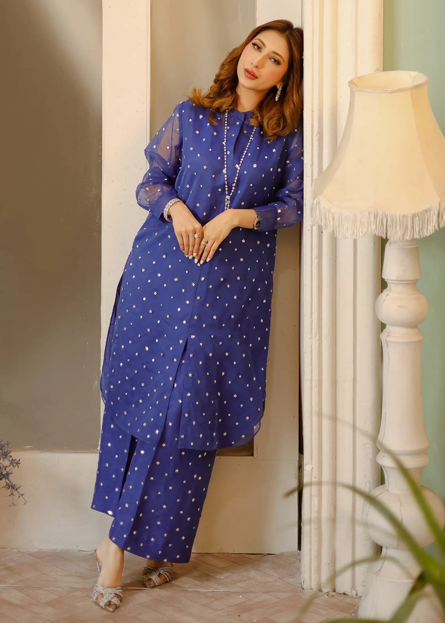 Blue Embellished Organza & Raw Silk Kurta (2-Piece) - Image 4