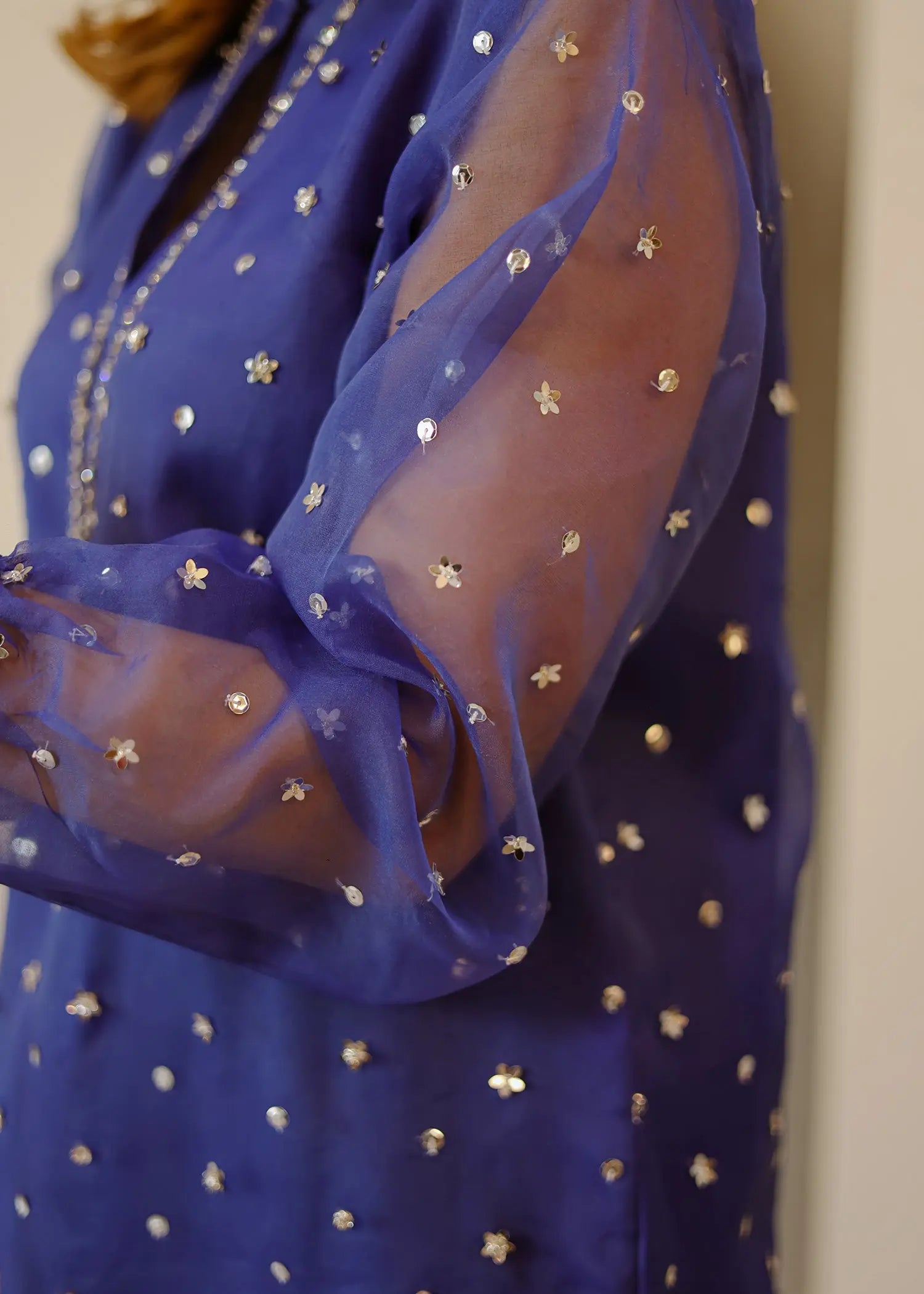 Blue Embellished Organza & Raw Silk Kurta (2-Piece) - Image 7