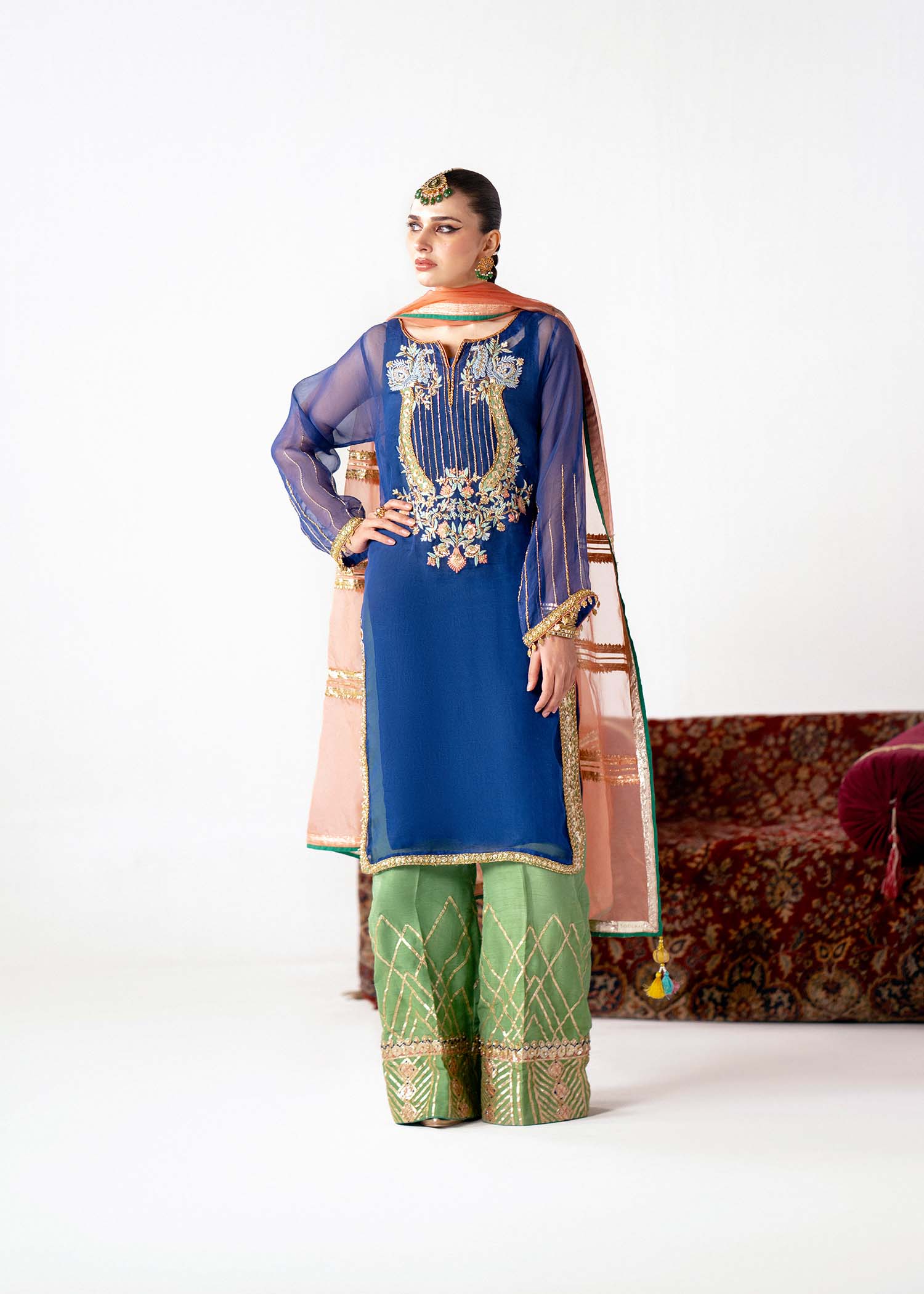 Blue & Green Embroidered Organza Raw Silk Outfit (3-Piece) - Image 1