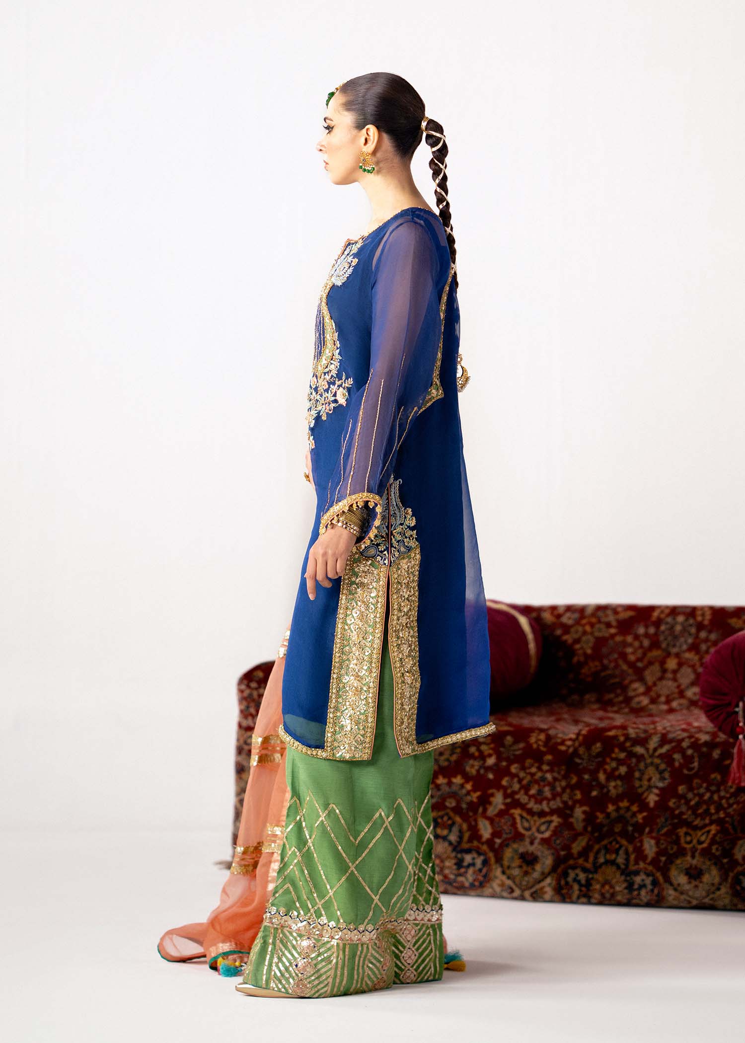 Blue & Green Embroidered Organza Raw Silk Outfit (3-Piece) - Image 2
