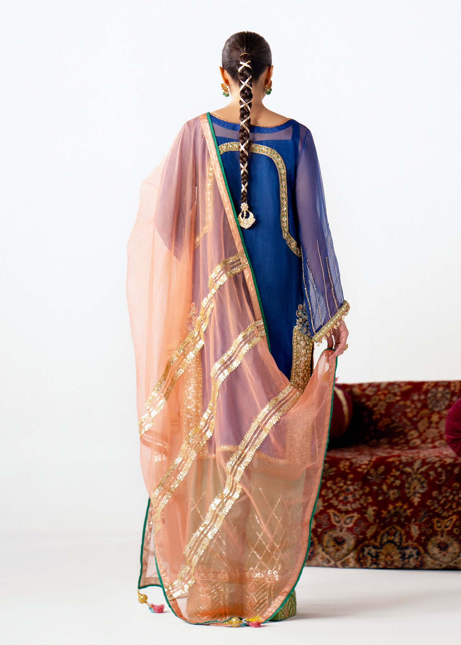 Blue & Green Embroidered Organza Raw Silk Outfit (3-Piece) - Image 3