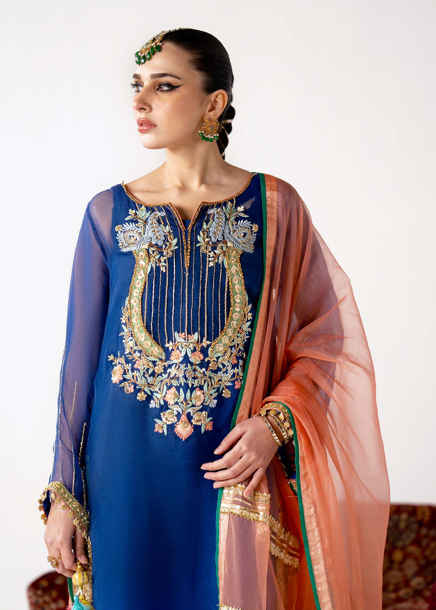 Blue & Green Embroidered Organza Raw Silk Outfit (3-Piece) - Image 4