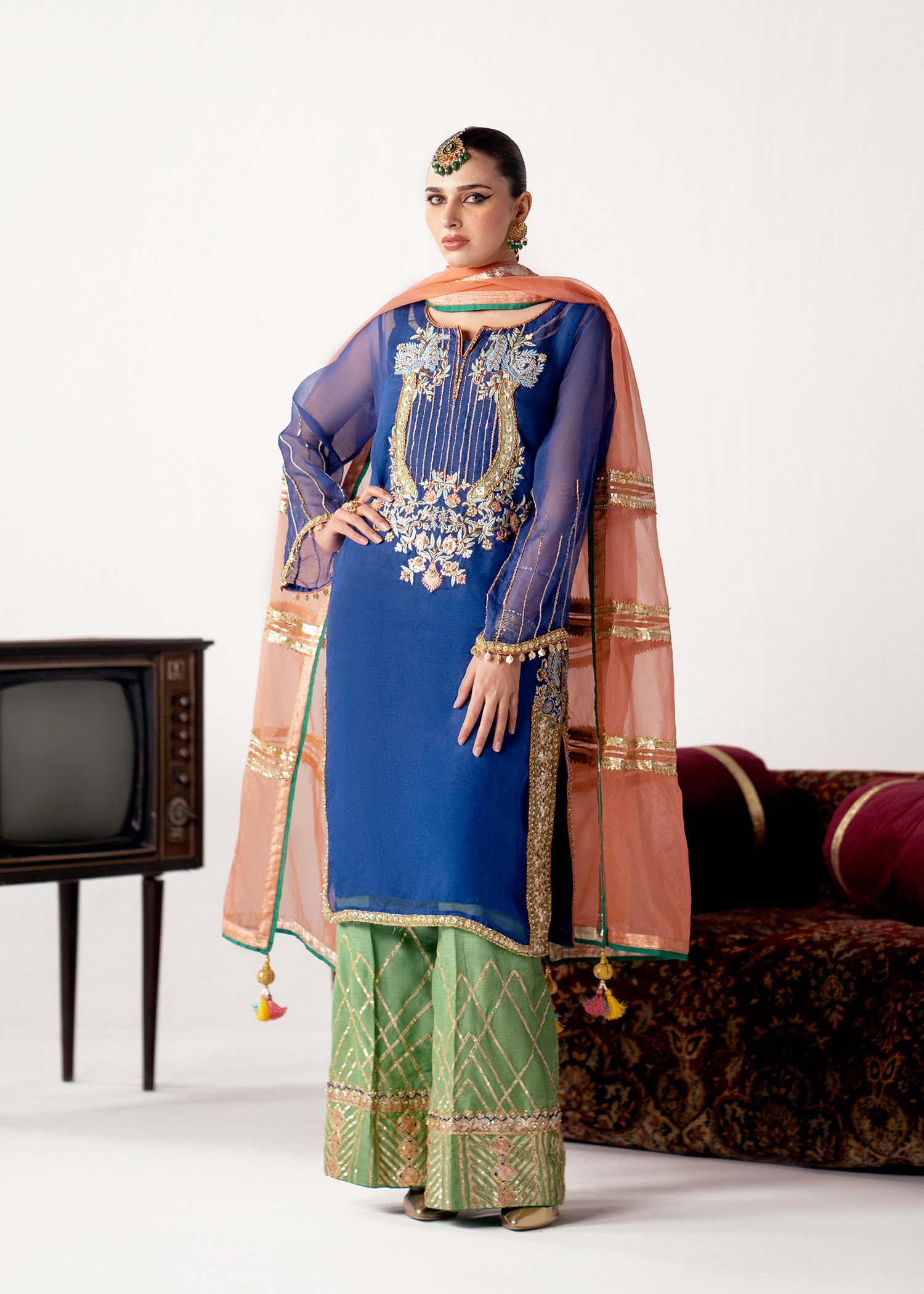 Blue & Green Embroidered Organza Raw Silk Outfit (3-Piece) - Image 6