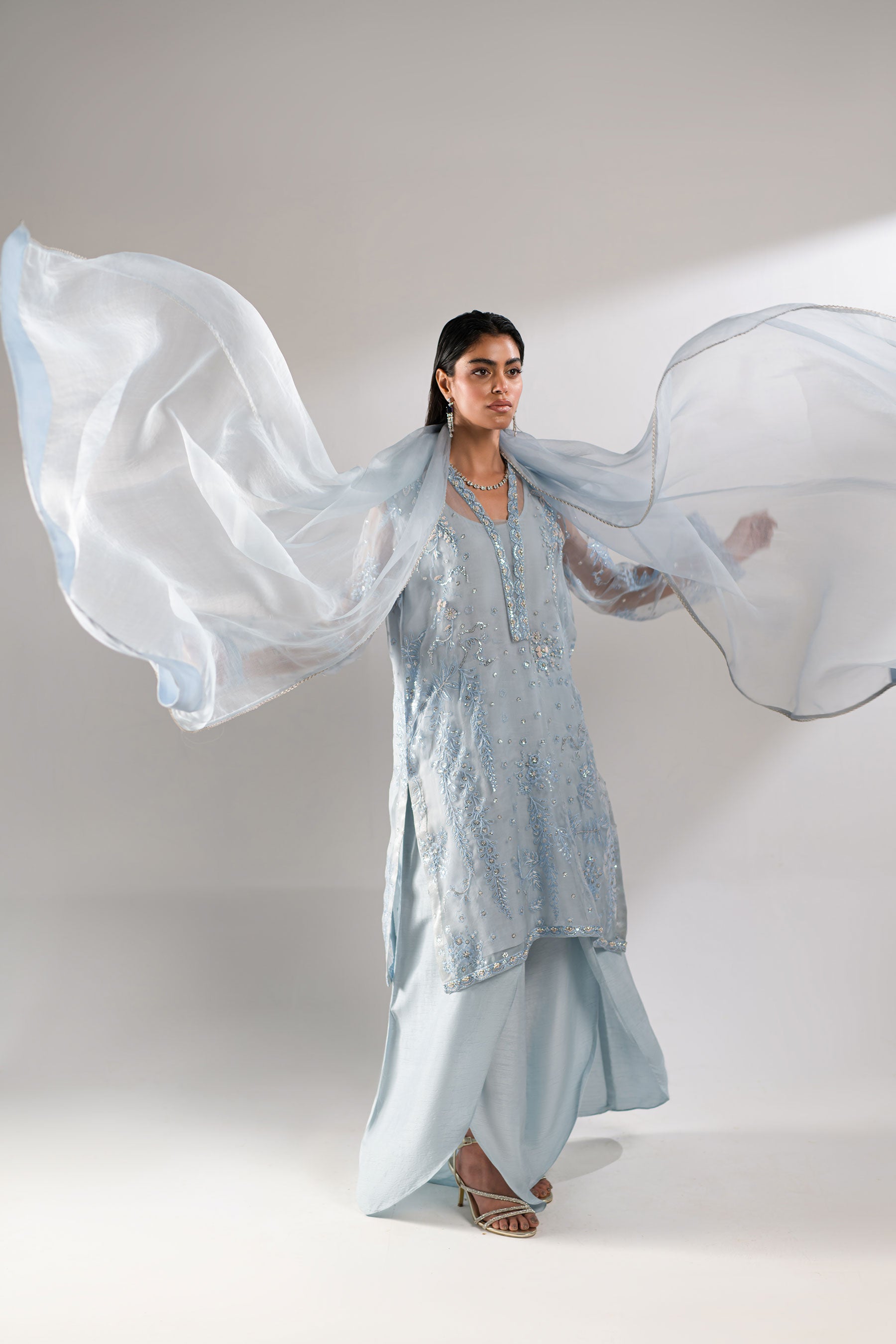 Pakistani Grey-Blue Embroidered Organza & Raw Silk Co-ord Set (3-Piece) - Image 1