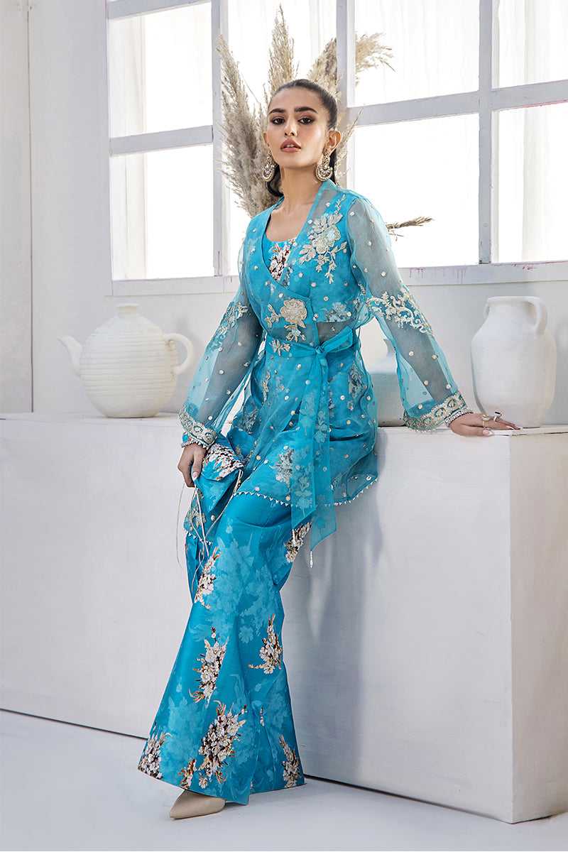Pakistani Aqua Blue Embroidered Organza Jacket with Silk Bell Bottoms (4-Piece) - Image 1