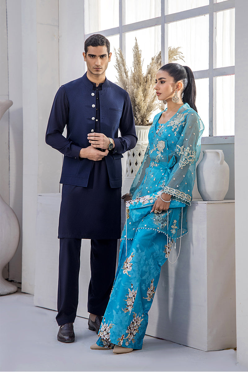 Pakistani Aqua Blue Embroidered Organza Jacket with Silk Bell Bottoms (4-Piece) - Image 11