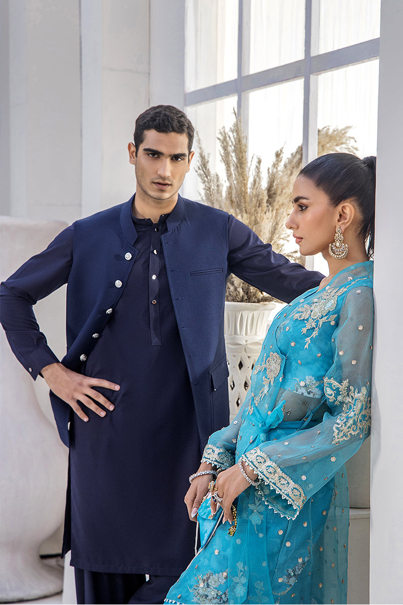 Pakistani Aqua Blue Embroidered Organza Jacket with Silk Bell Bottoms (4-Piece) - Image 12