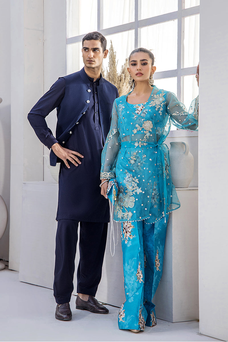Pakistani Aqua Blue Embroidered Organza Jacket with Silk Bell Bottoms (4-Piece) - Image 13