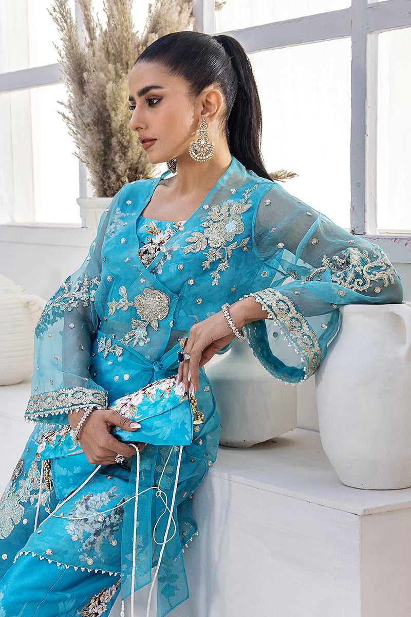Pakistani Aqua Blue Embroidered Organza Jacket with Silk Bell Bottoms (4-Piece) - Image 2