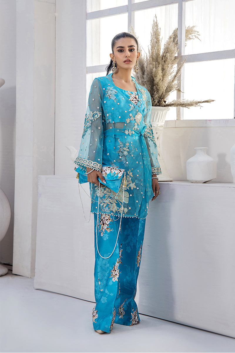 Pakistani Aqua Blue Embroidered Organza Jacket with Silk Bell Bottoms (4-Piece) - Image 3