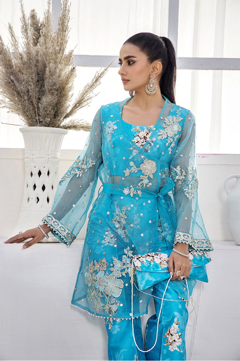 Pakistani Aqua Blue Embroidered Organza Jacket with Silk Bell Bottoms (4-Piece) - Image 4