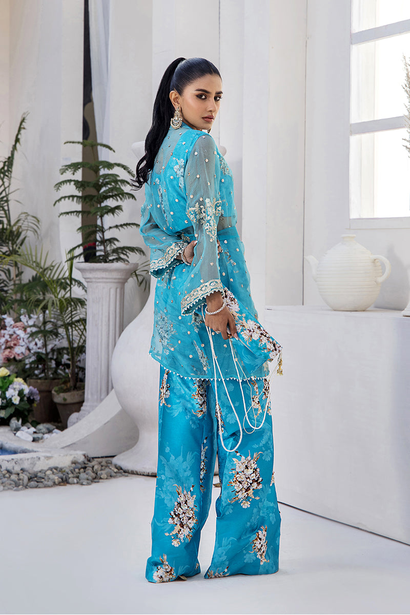 Pakistani Aqua Blue Embroidered Organza Jacket with Silk Bell Bottoms (4-Piece) - Image 5