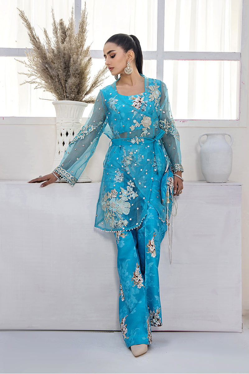 Pakistani Aqua Blue Embroidered Organza Jacket with Silk Bell Bottoms (4-Piece) - Image 6