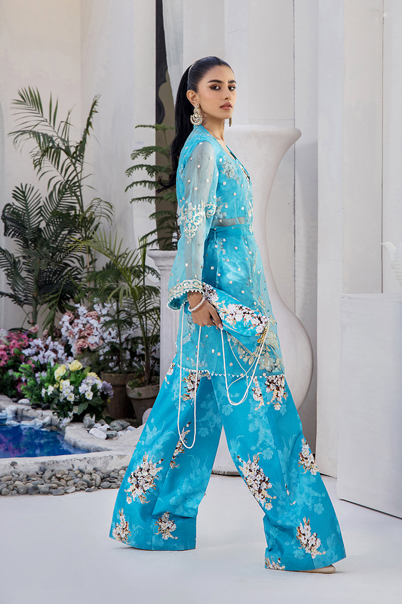 Pakistani Aqua Blue Embroidered Organza Jacket with Silk Bell Bottoms (4-Piece) - Image 7