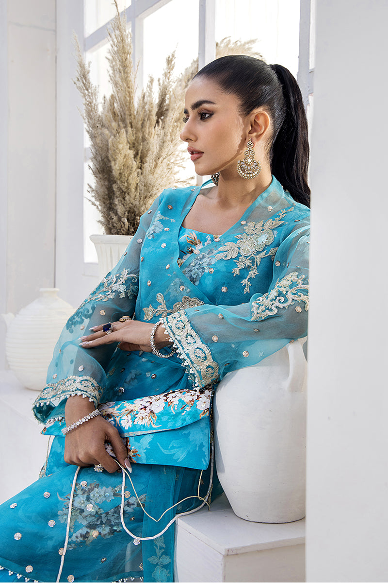 Pakistani Aqua Blue Embroidered Organza Jacket with Silk Bell Bottoms (4-Piece) - Image 8