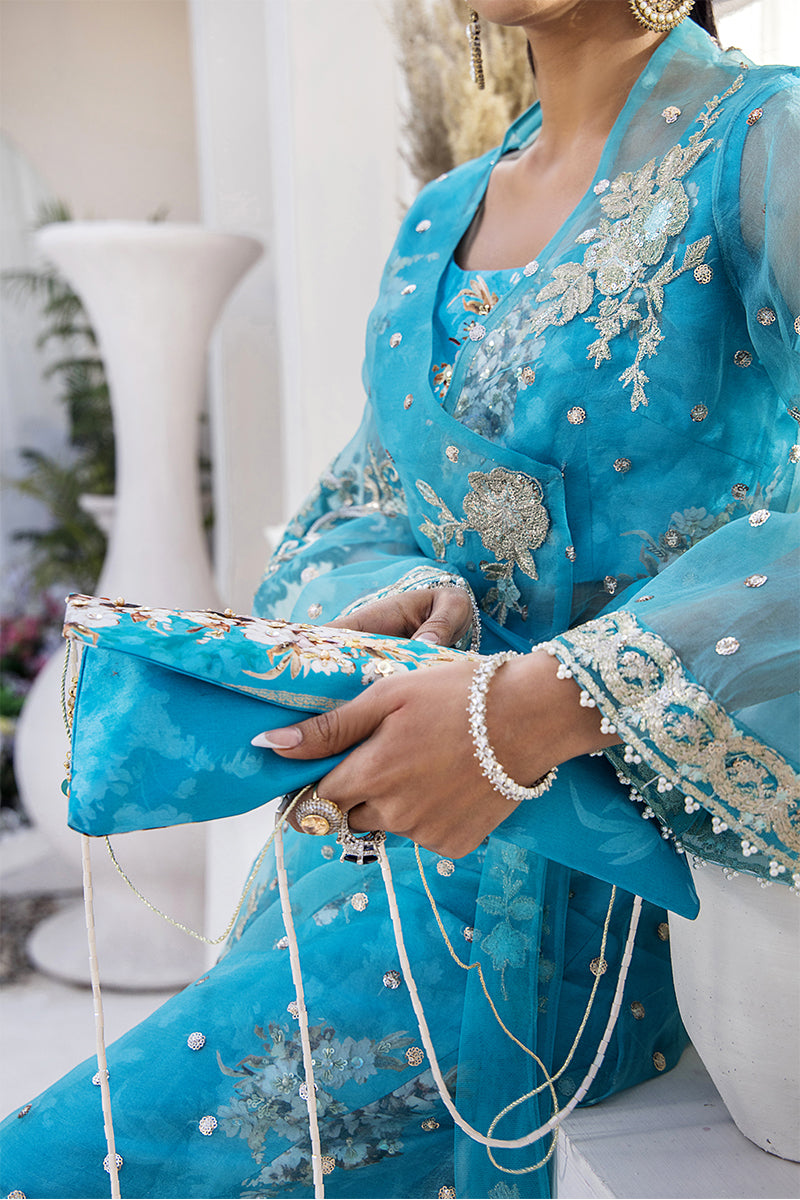 Pakistani Aqua Blue Embroidered Organza Jacket with Silk Bell Bottoms (4-Piece) - Image 9