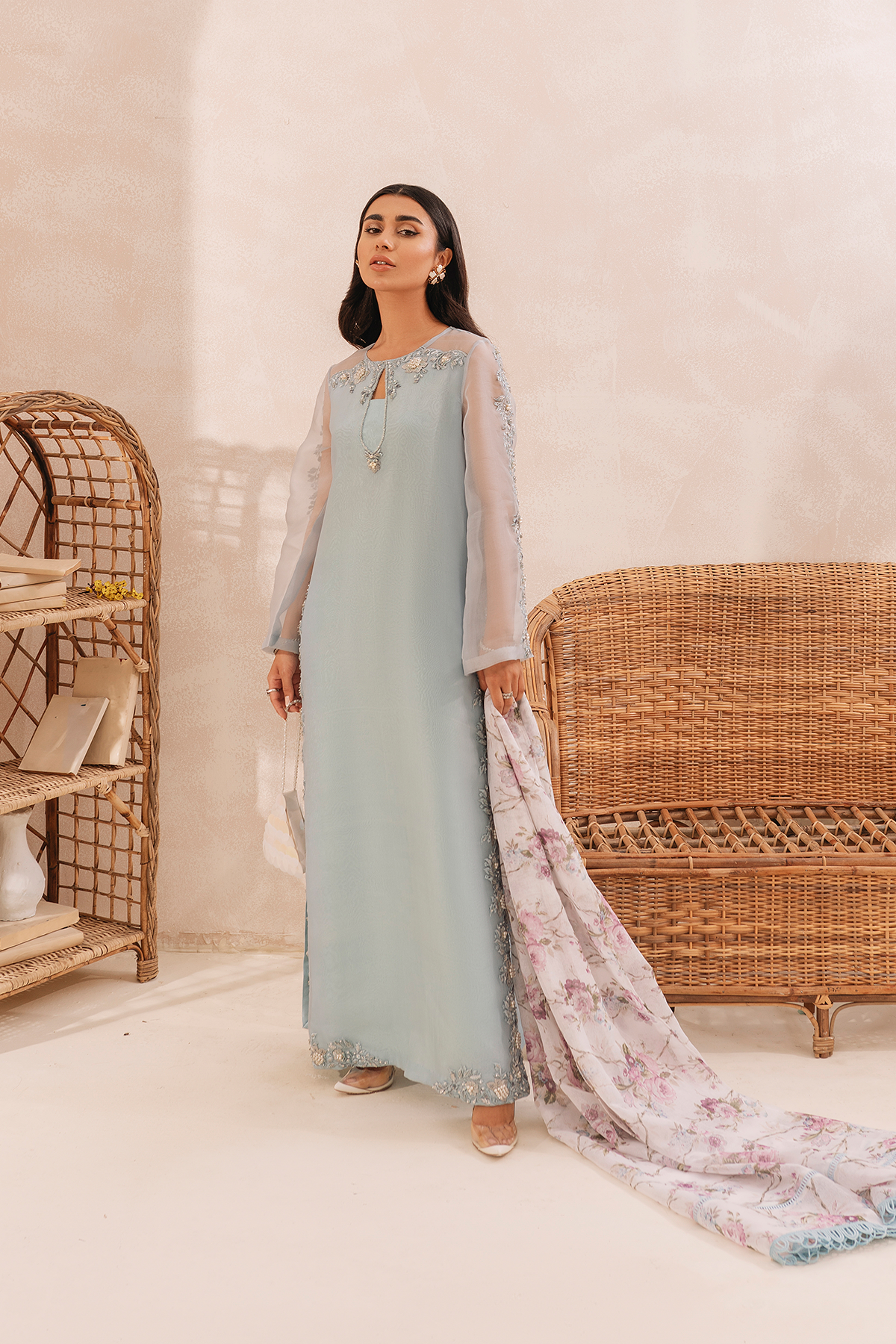 Pakistani Powder Blue Embroidered Pure Organza Long Shirt (3-Piece) - Image 1