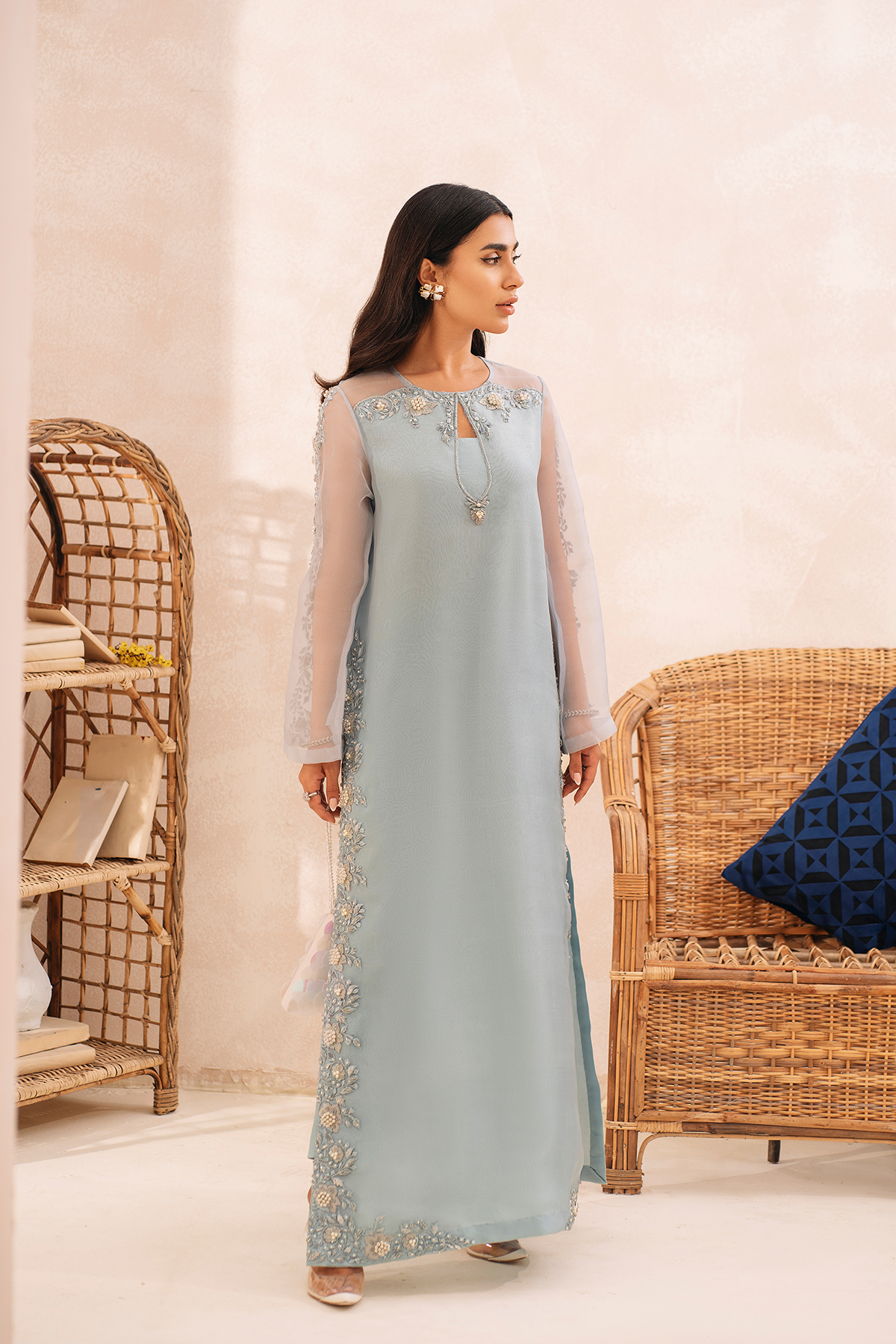 Pakistani Powder Blue Embroidered Pure Organza Long Shirt (3-Piece) - Image 2