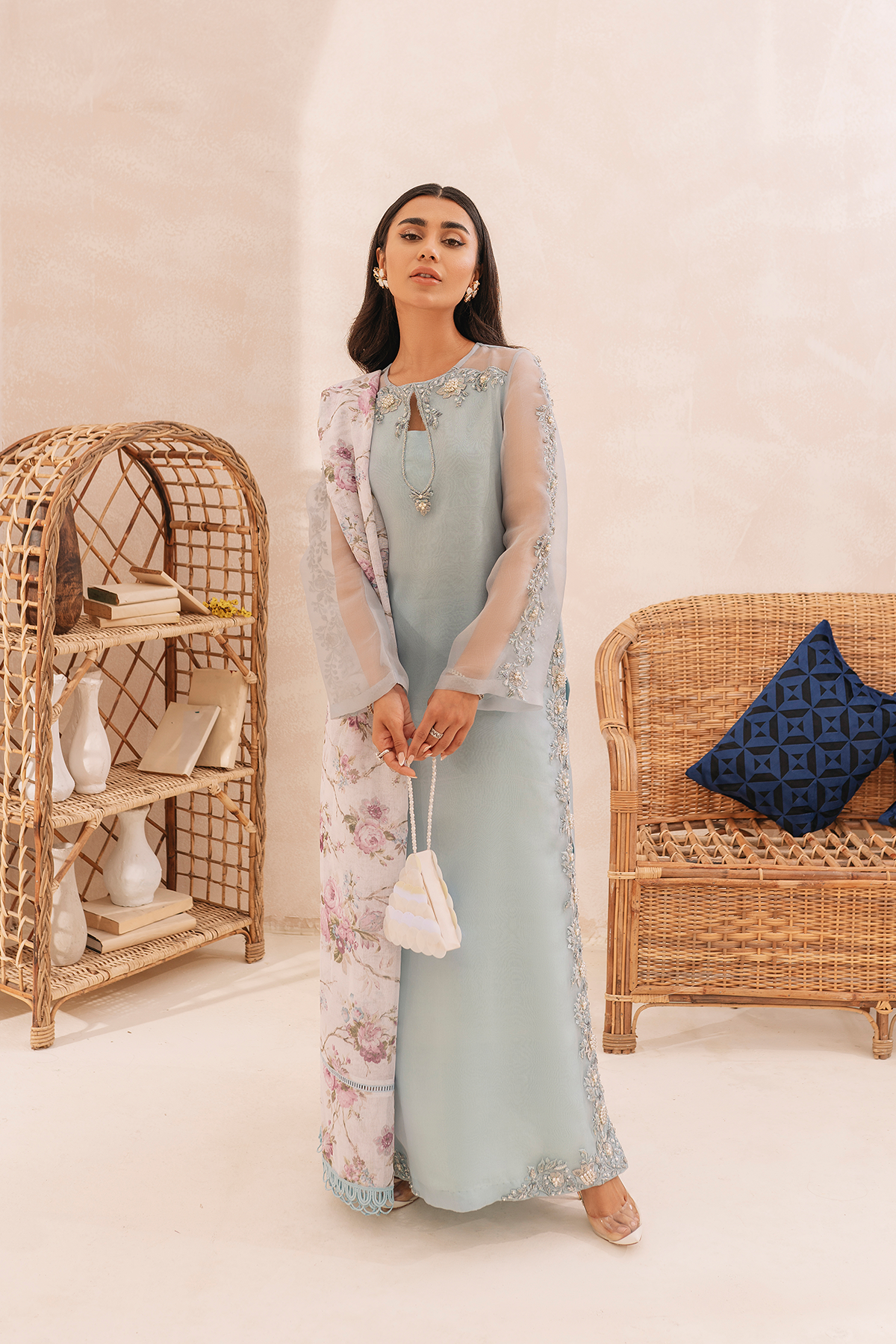 Pakistani Powder Blue Embroidered Pure Organza Long Shirt (3-Piece) - Image 3