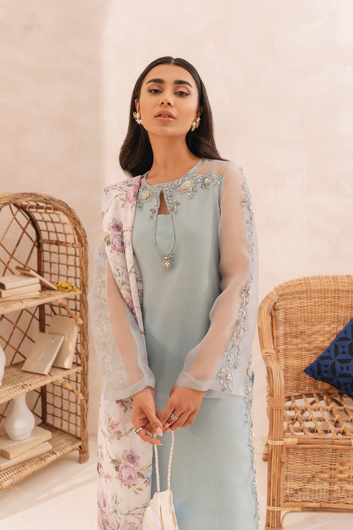 Pakistani Powder Blue Embroidered Pure Organza Long Shirt (3-Piece) - Image 4