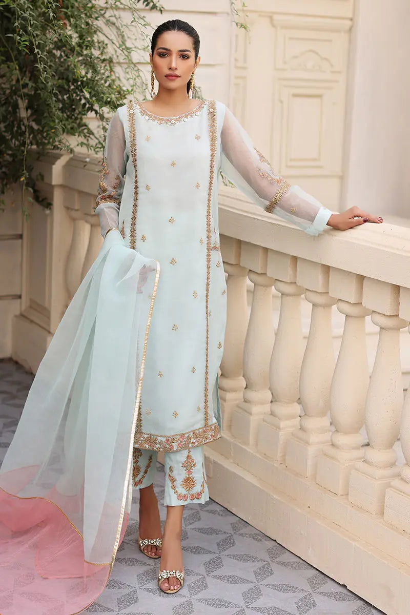 Pakistani Ice Blue Embroidered Organza Kurta Set (3-Piece) - Image 1