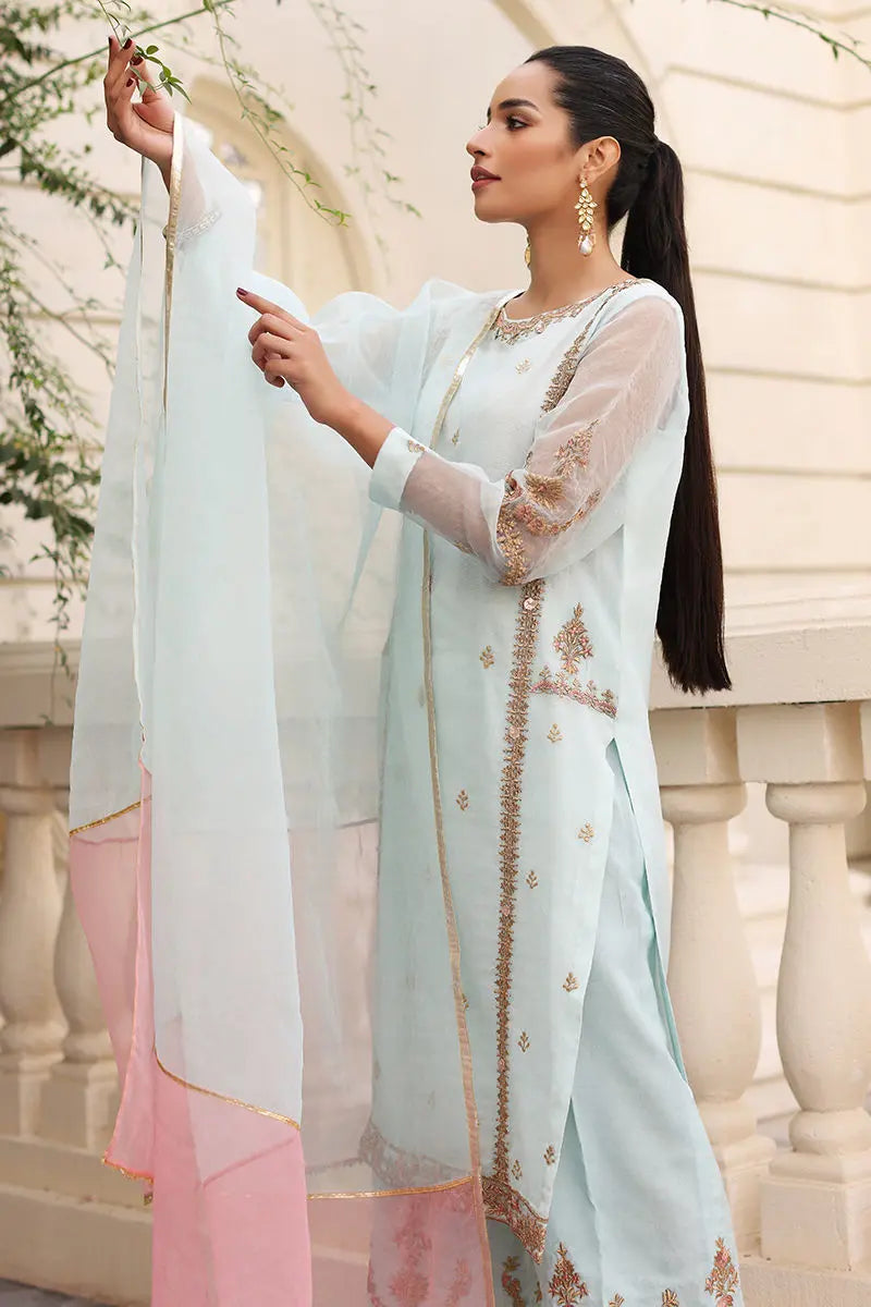 Pakistani Ice Blue Embroidered Organza Kurta Set (3-Piece) - Image 2