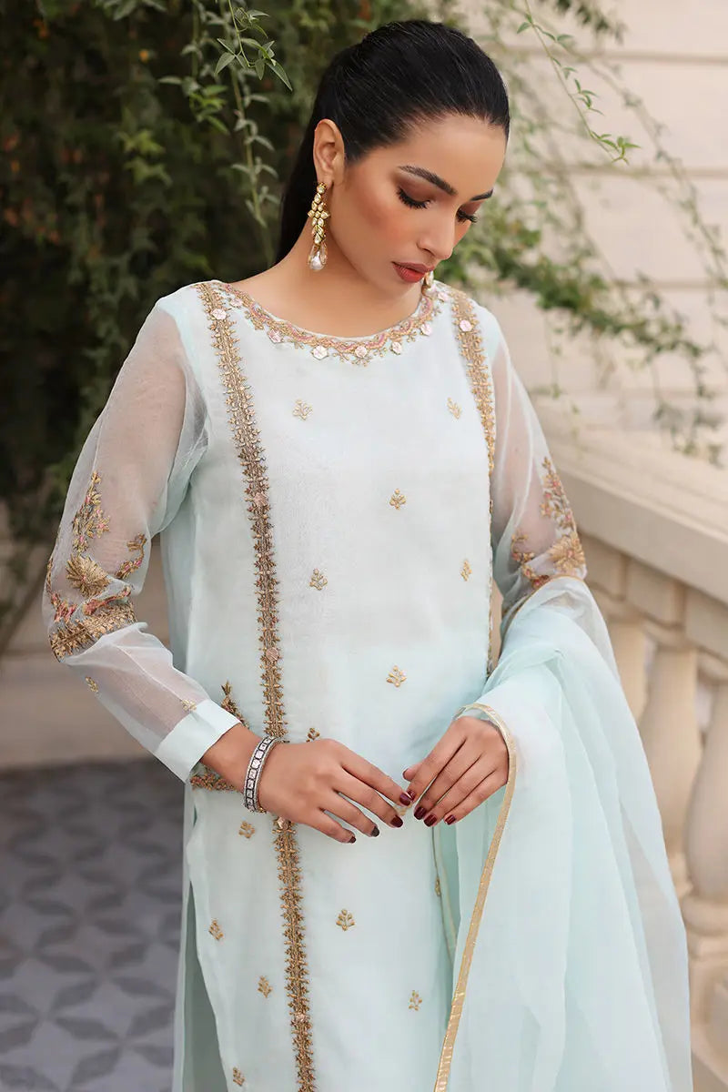 Pakistani Ice Blue Embroidered Organza Kurta Set (3-Piece) - Image 3