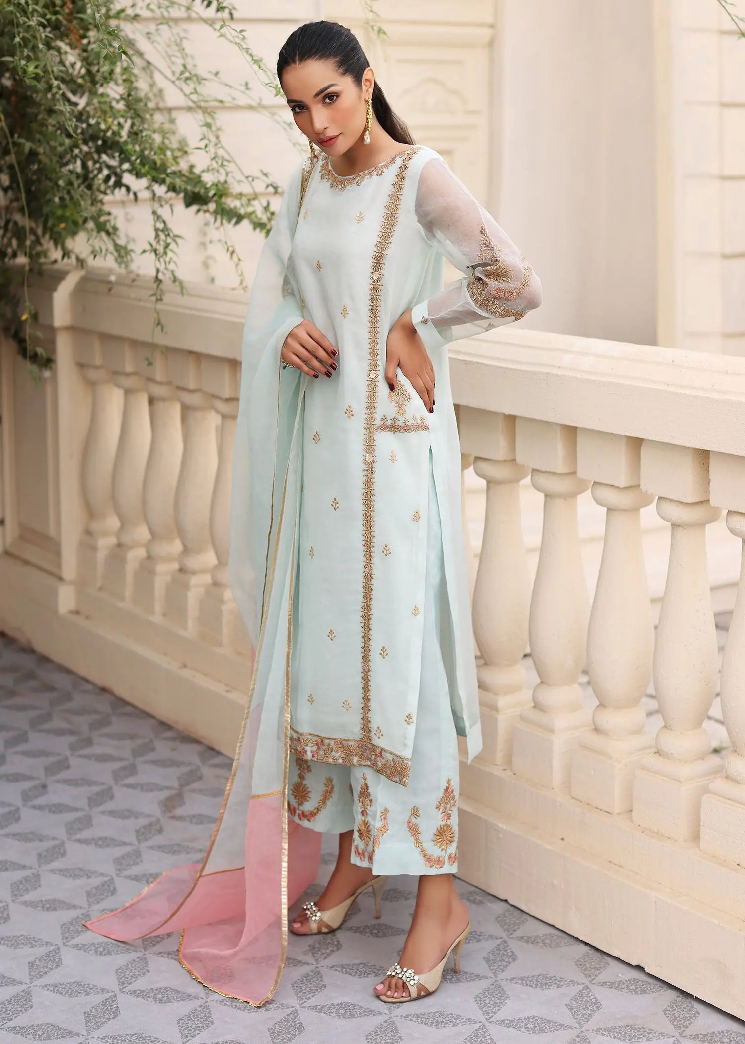 Pakistani Ice Blue Embroidered Organza Kurta Set (3-Piece) - Image 4