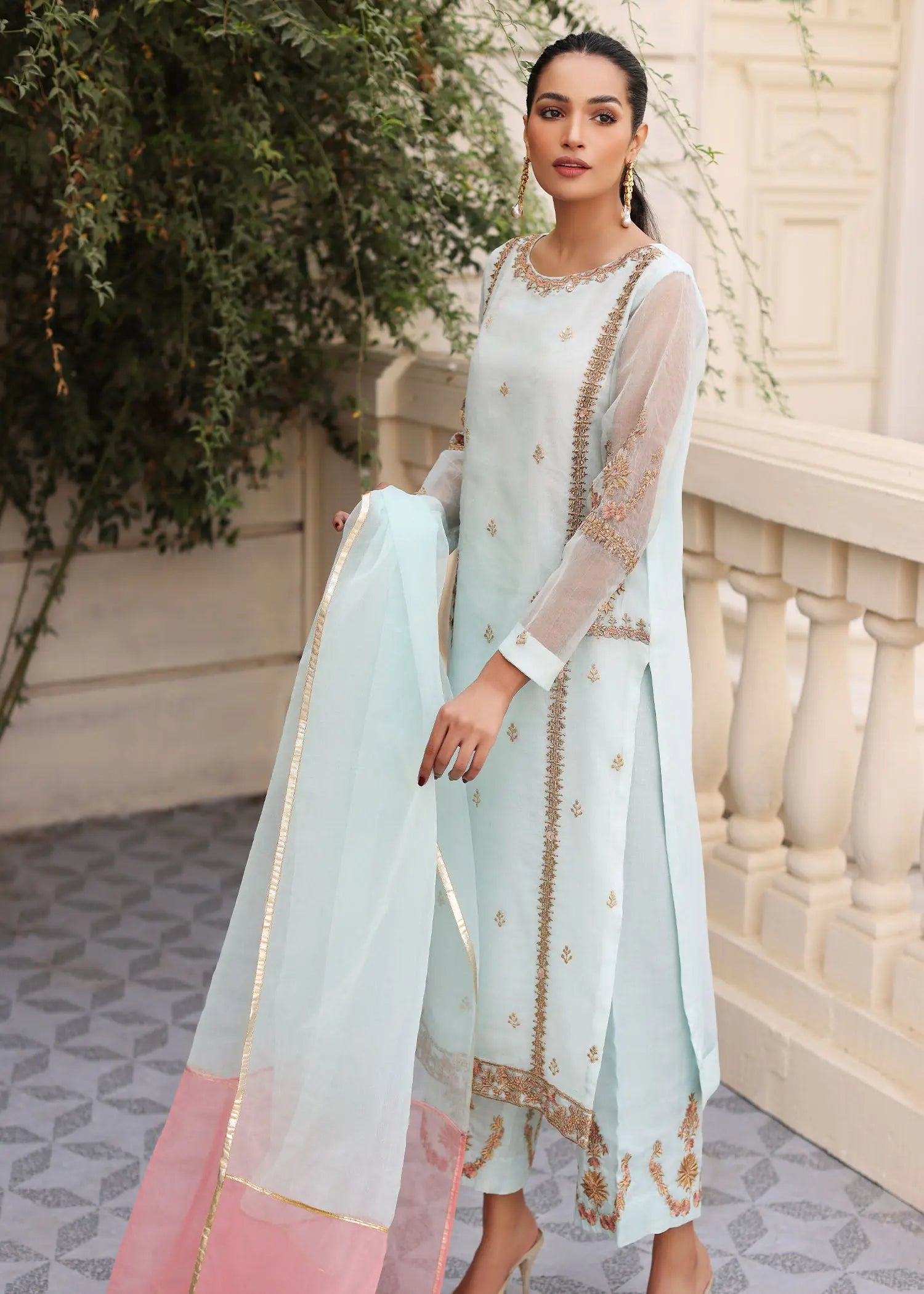 Pakistani Ice Blue Embroidered Organza Kurta Set (3-Piece) - Image 5