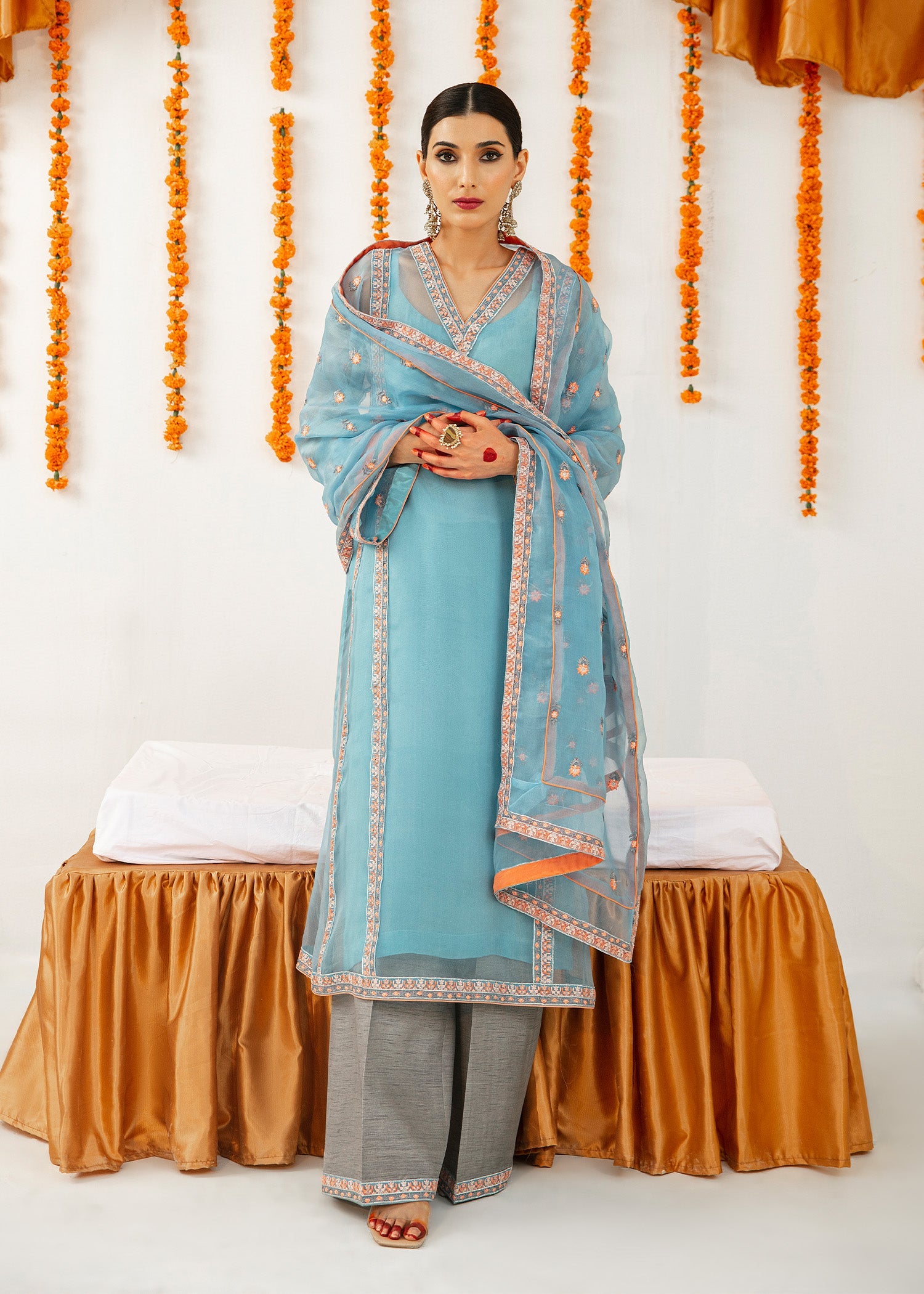 Blue Embroidered Organza Salwar Kameez (3-Piece) - Image 1