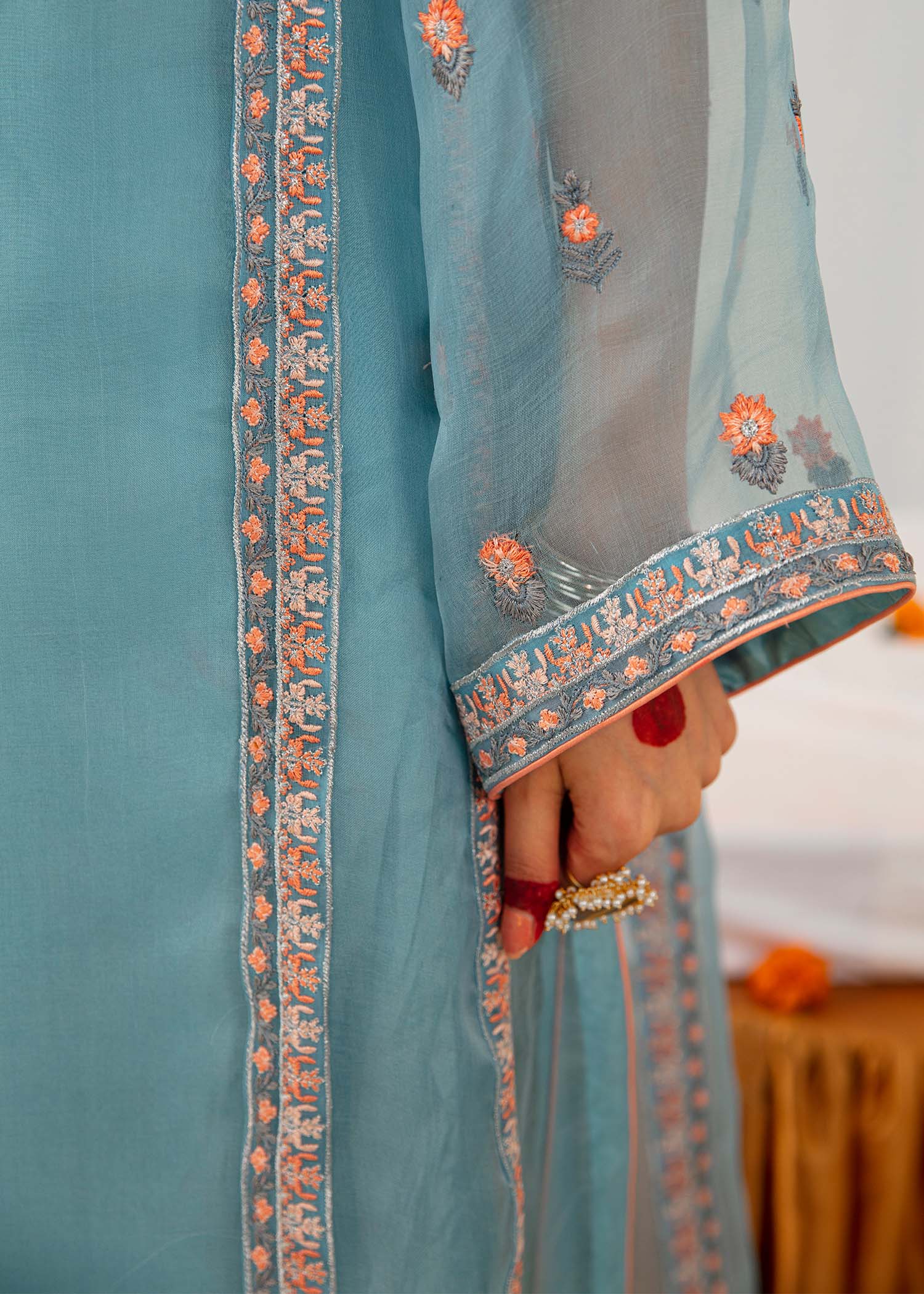 Blue Embroidered Organza Salwar Kameez (3-Piece) - Image 10