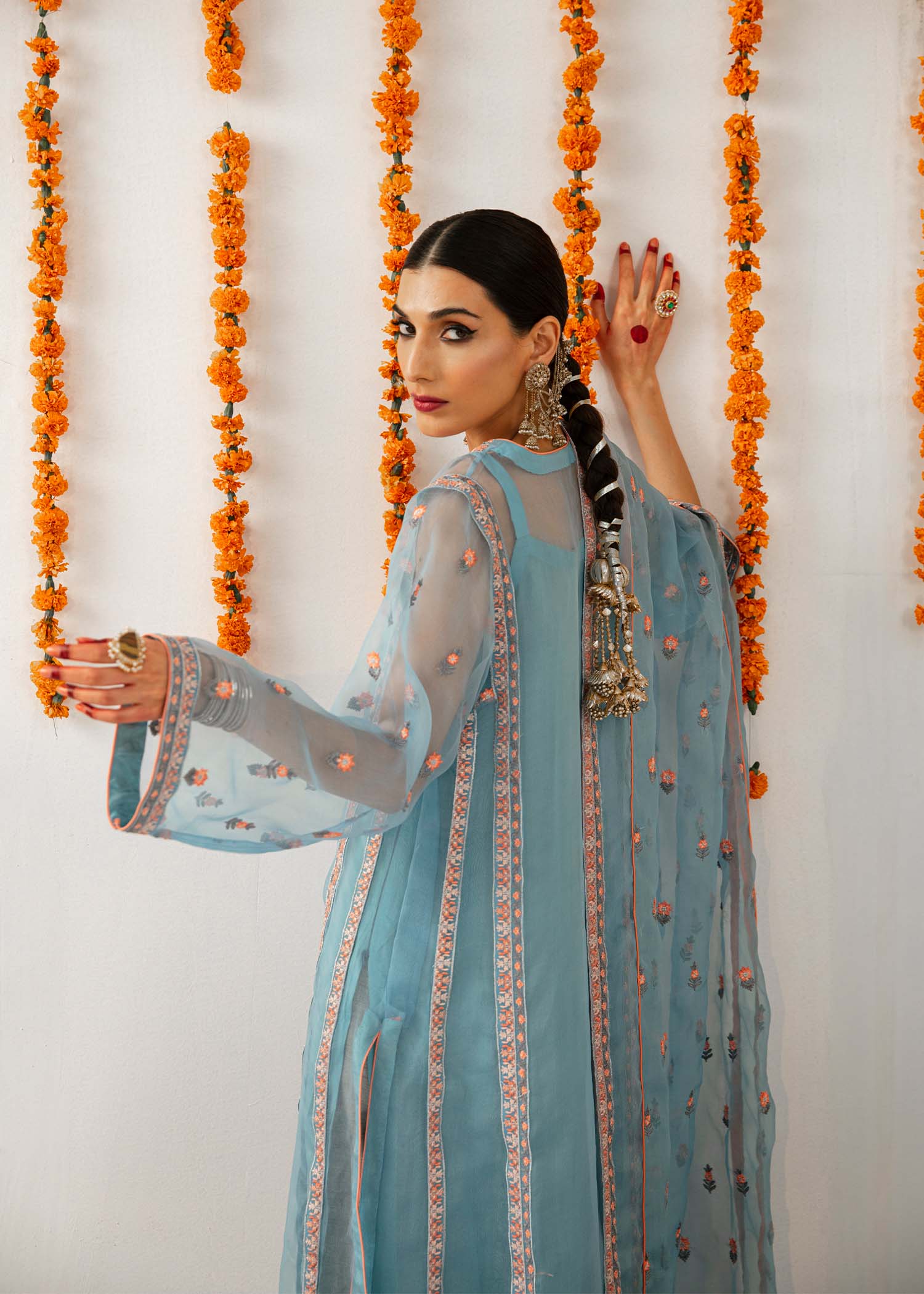 Blue Embroidered Organza Salwar Kameez (3-Piece) - Image 11