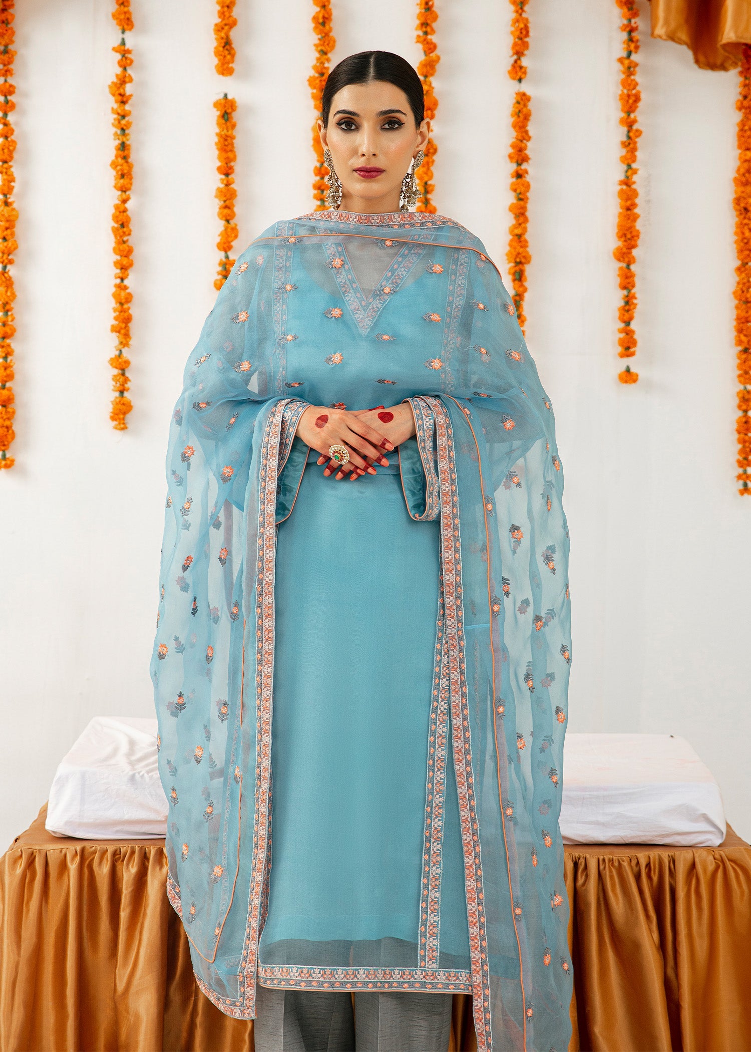 Blue Embroidered Organza Salwar Kameez (3-Piece) - Image 2
