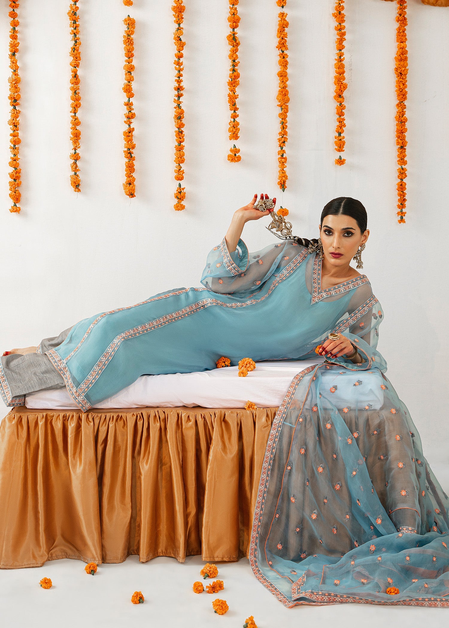 Blue Embroidered Organza Salwar Kameez (3-Piece) - Image 6