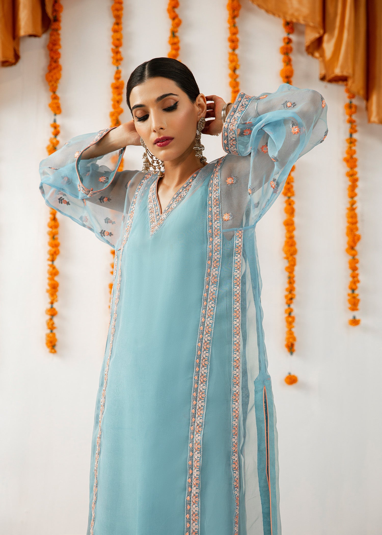 Blue Embroidered Organza Salwar Kameez (3-Piece) - Image 8