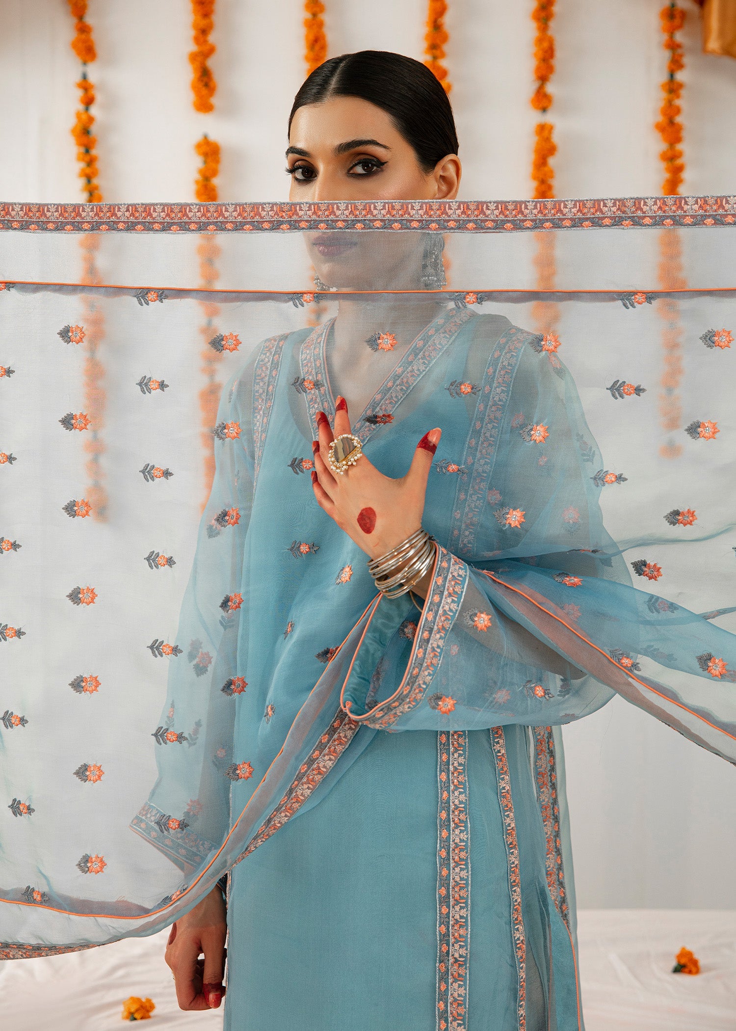 Blue Embroidered Organza Salwar Kameez (3-Piece) - Image 9
