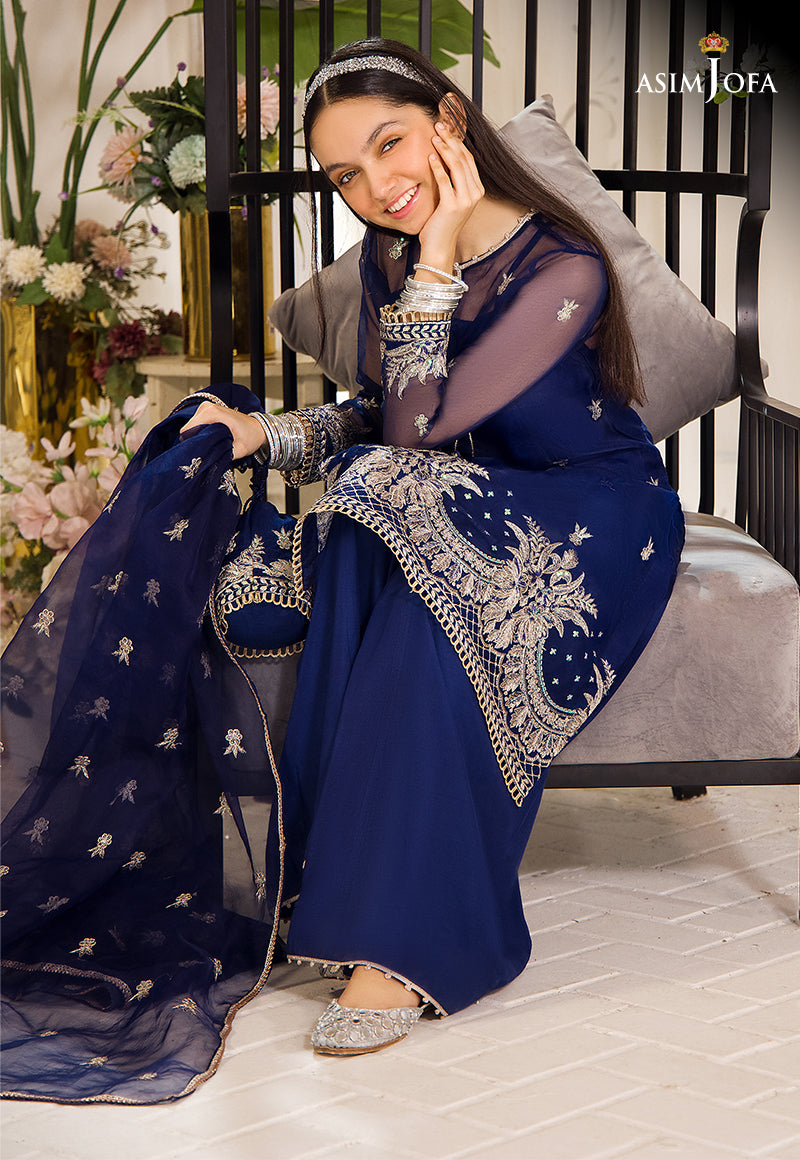Pakistani Dark Blue Zari Sequin Organza Salwar Kameez (3-Piece) - Image 1