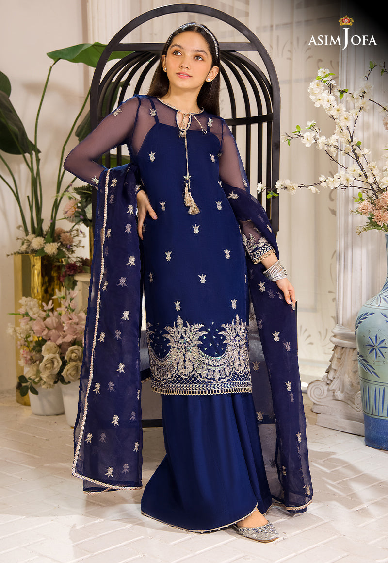 Pakistani Dark Blue Zari Sequin Organza Salwar Kameez (3-Piece) - Image 2