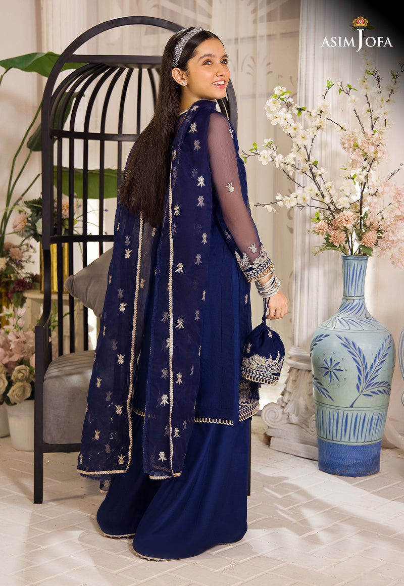 Pakistani Dark Blue Zari Sequin Organza Salwar Kameez (3-Piece) - Image 3