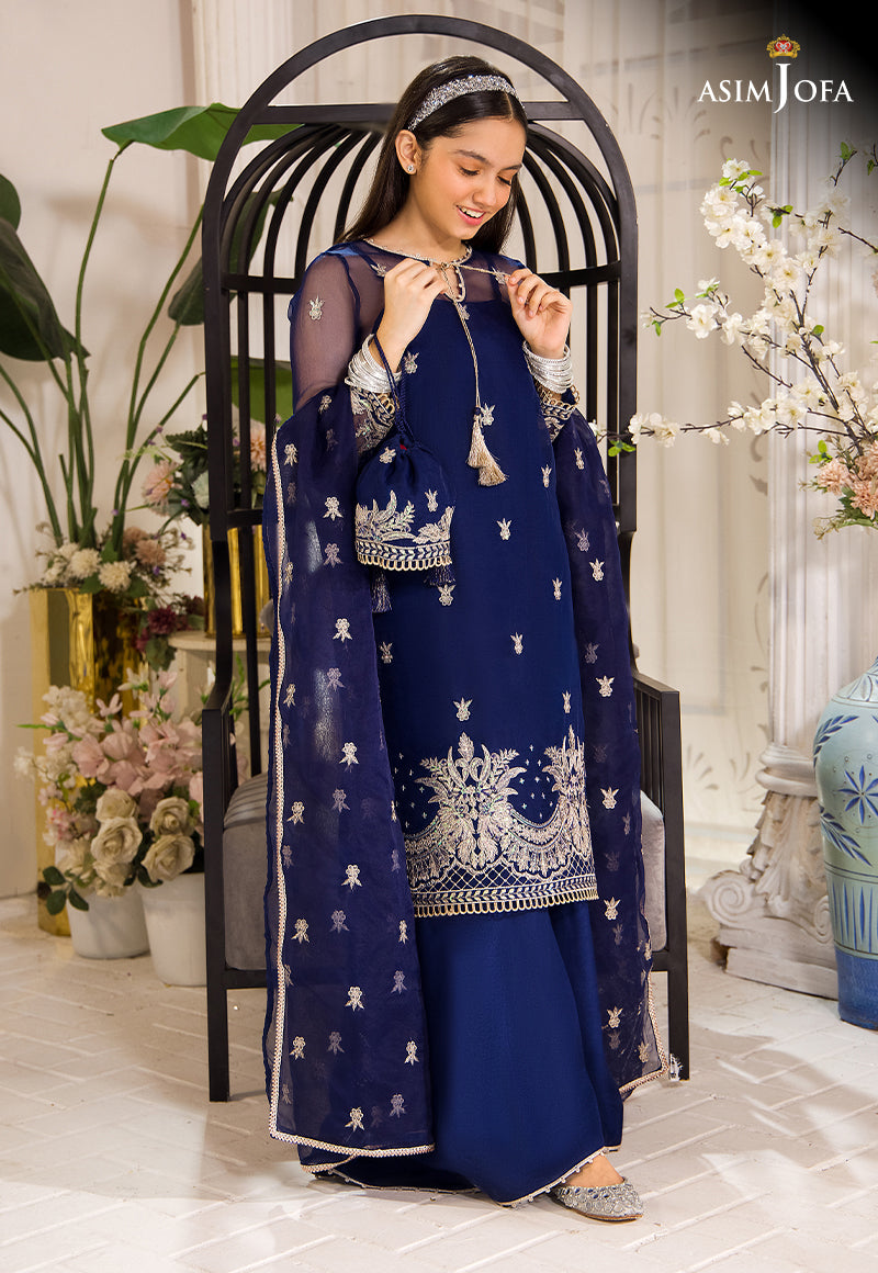 Pakistani Dark Blue Zari Sequin Organza Salwar Kameez (3-Piece) - Image 5