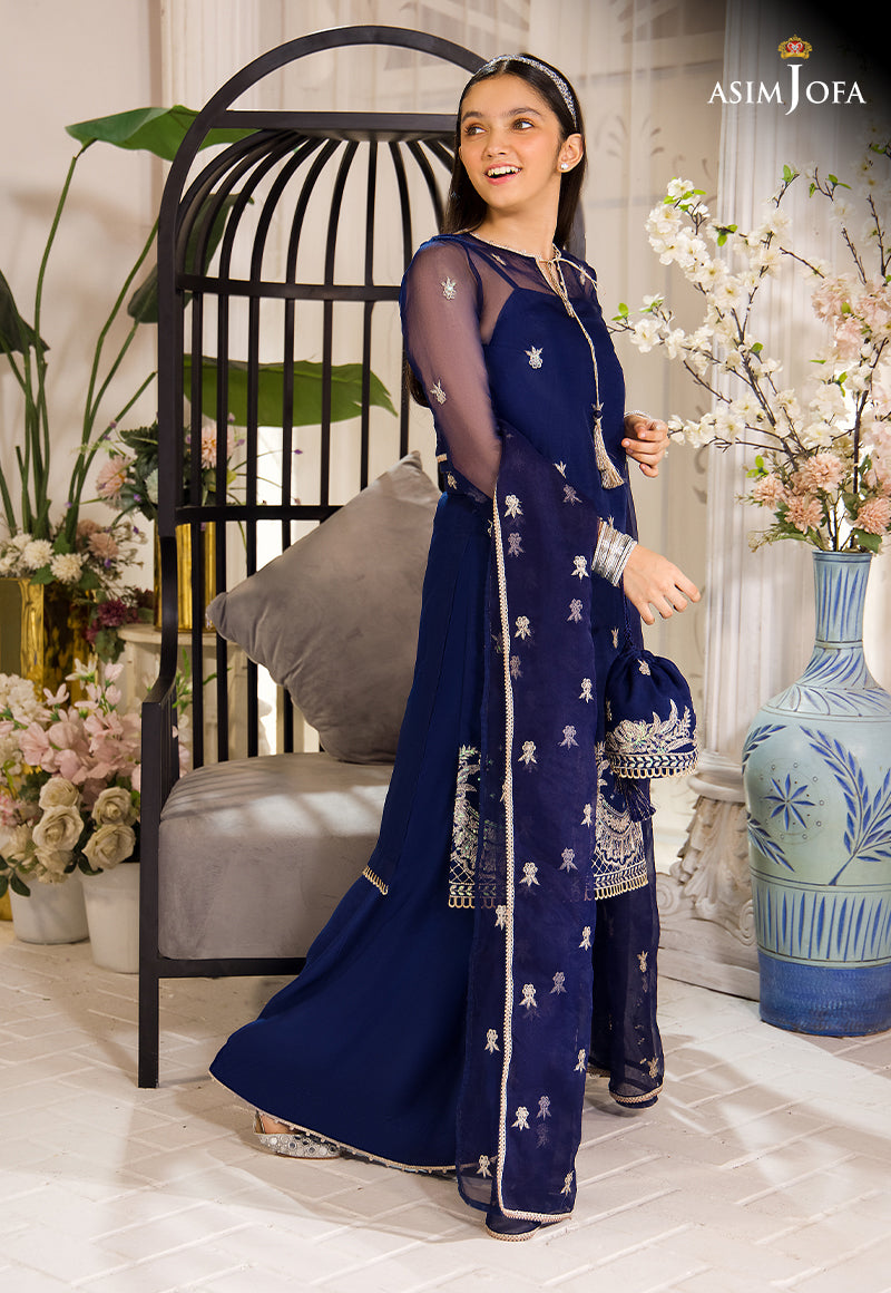 Pakistani Dark Blue Zari Sequin Organza Salwar Kameez (3-Piece) - Image 6